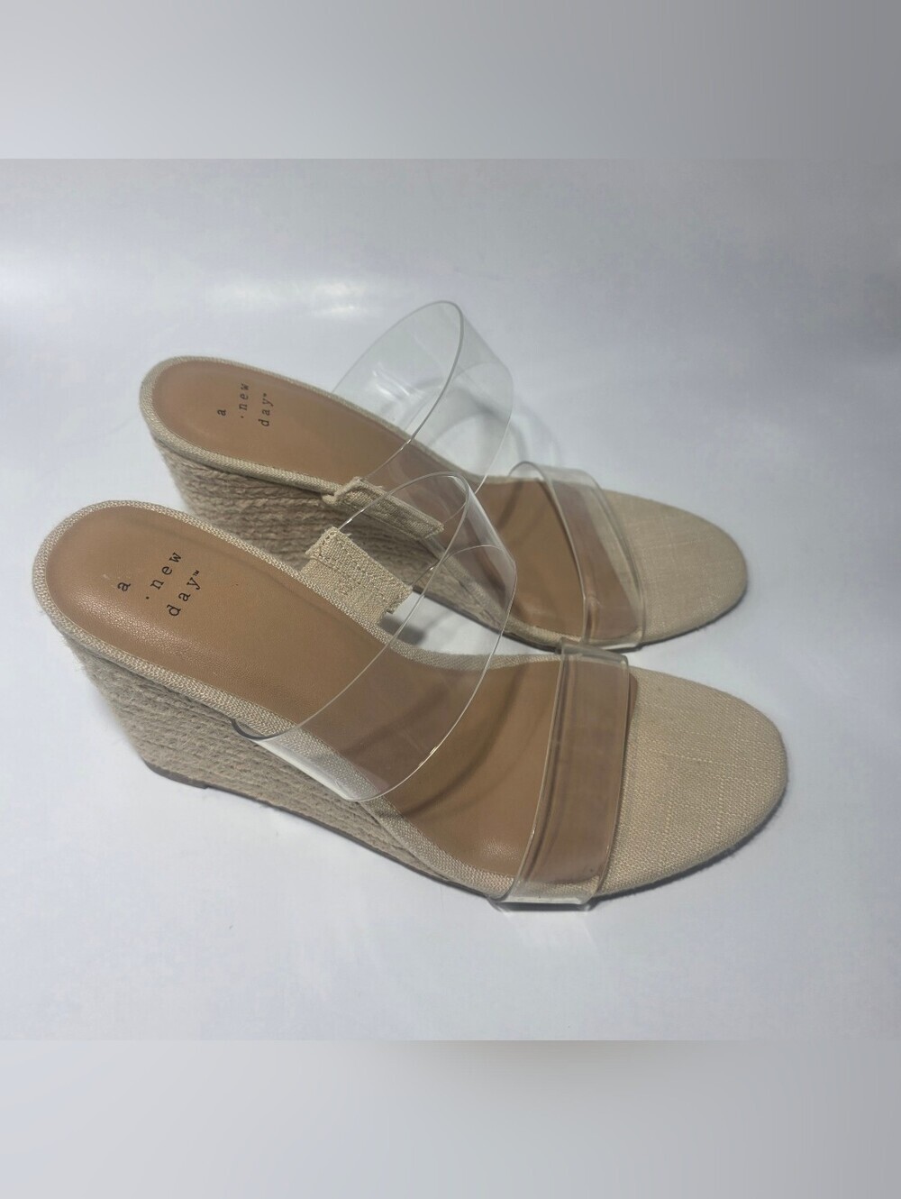 A New Day Women's Wedge Sandals Size 8.5 Clear Strap Espadrille Heel.